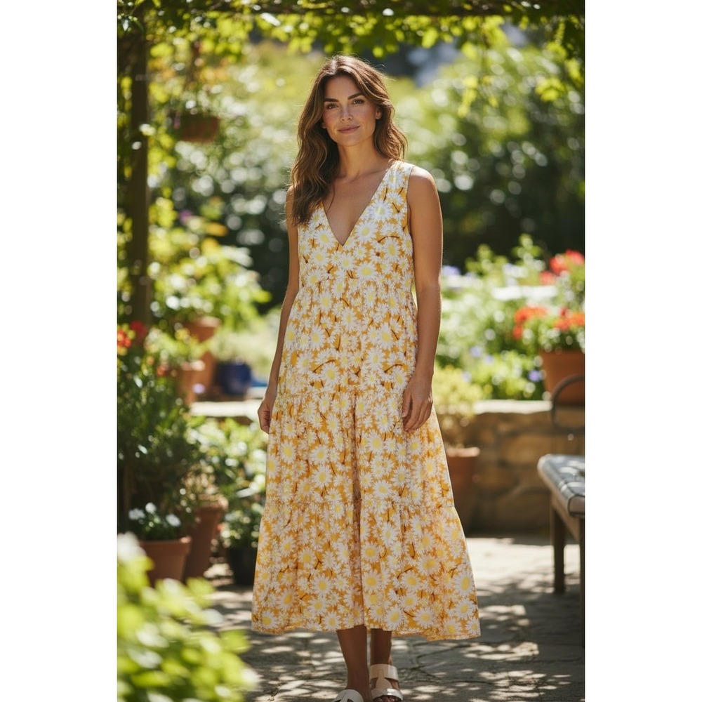 Kate Spade New York Yellow Daisy Floral Tiered Midi Dress NJM00259 Womens 12